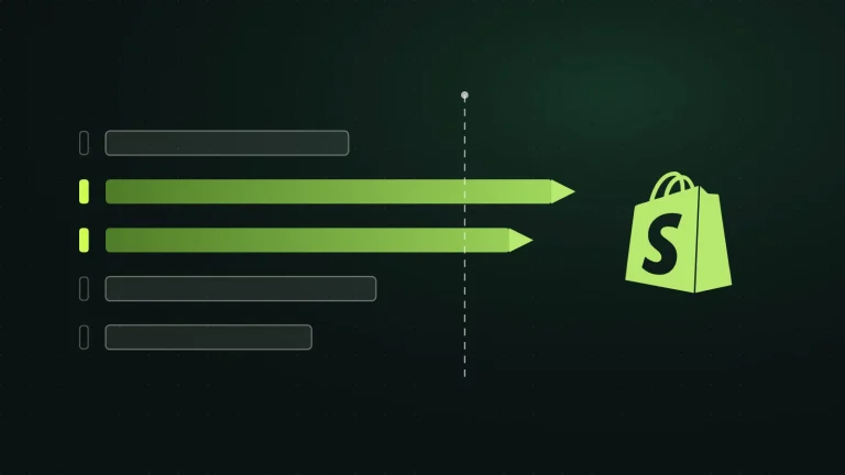 Diagram on a dark green ground: five signal bars measured against a dashed threshold line, two of them crossing it as arrows that point at the Shopify shopping bag logo.