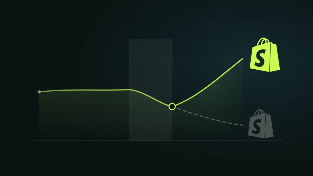 Line chart on a dark green ground: a store's traffic runs into a shaded core update window and leaves it as two paths, one climbing to a bright Shopify logo and one dashed and sliding toward a faded Shopify logo.